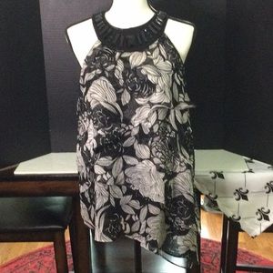 Black & Gray Halter Top w/Sequins Neckline, Ruffled Layers and Asymmetrical Hem